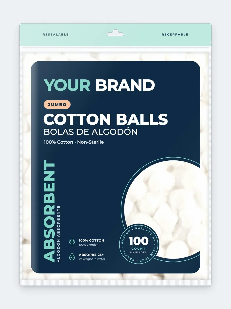 Printed cotton ball bag design with a YOUR BRAND placeholder