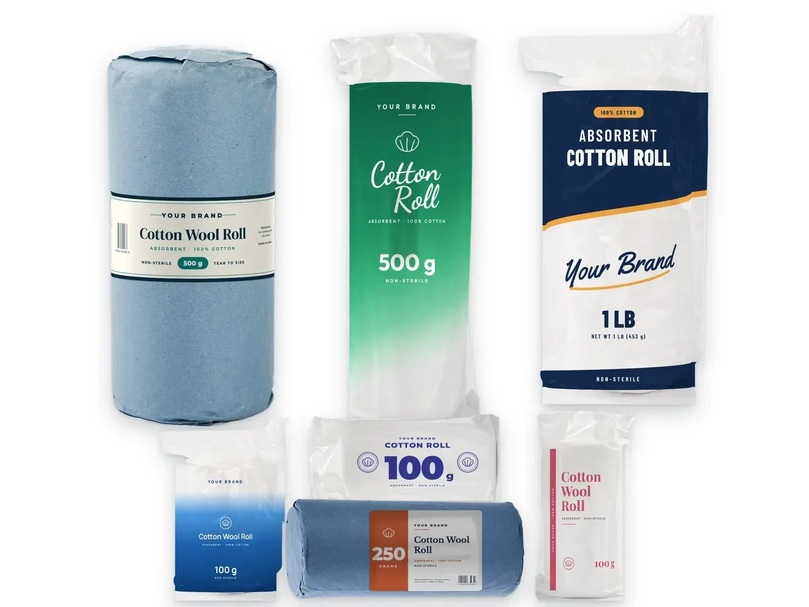 Private label cotton wool roll packaging designs marked YOUR BRAND: blue paper rolls, printed bags and 100 g packs
