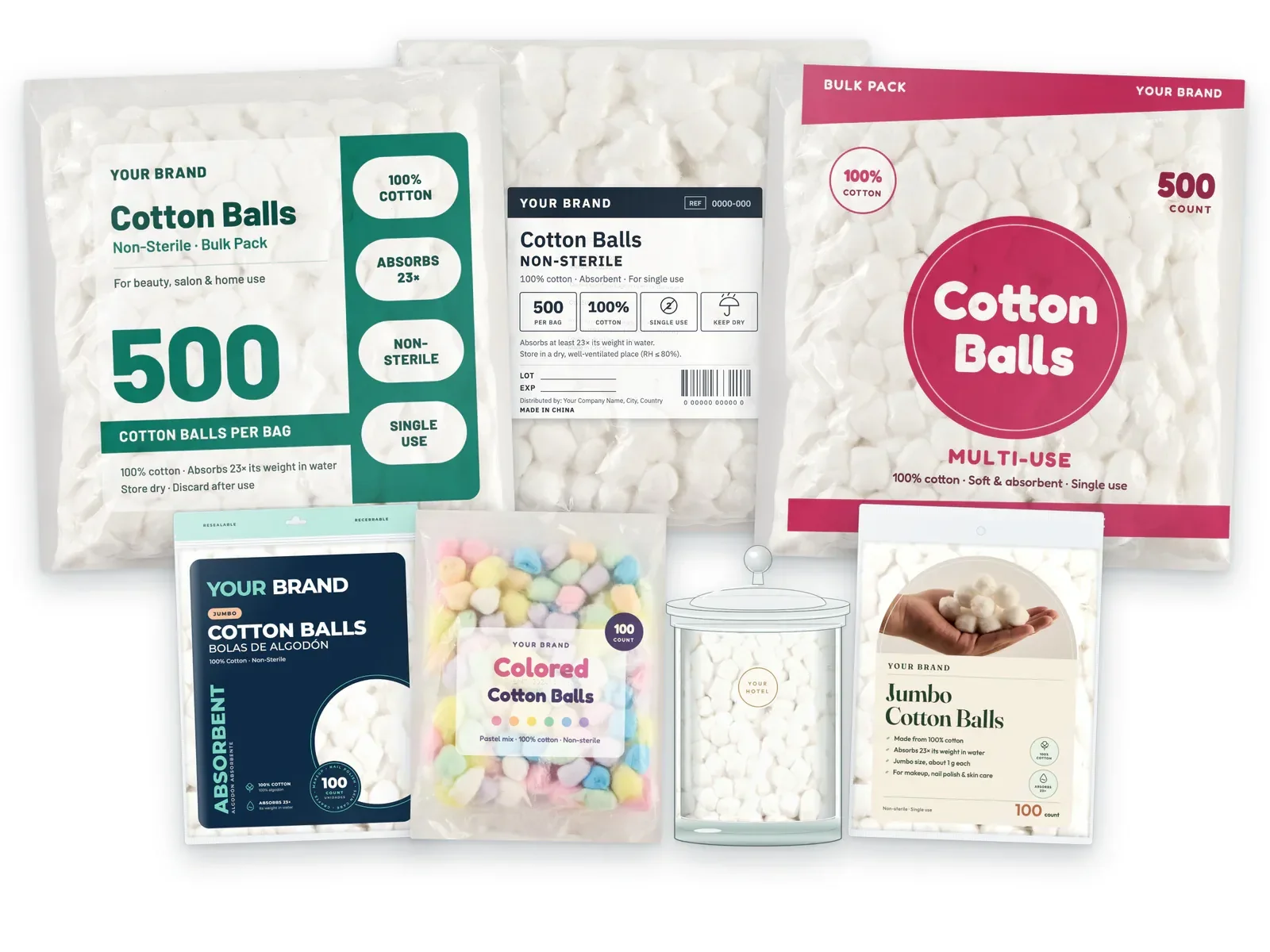 Private label cotton ball packaging designs marked YOUR BRAND: bulk bags, retail bags, a colored ball bag and a glass jar
