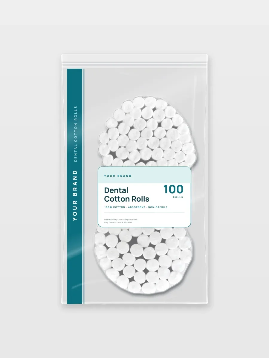 Dental cotton rolls in a clear bag with a placeholder brand label