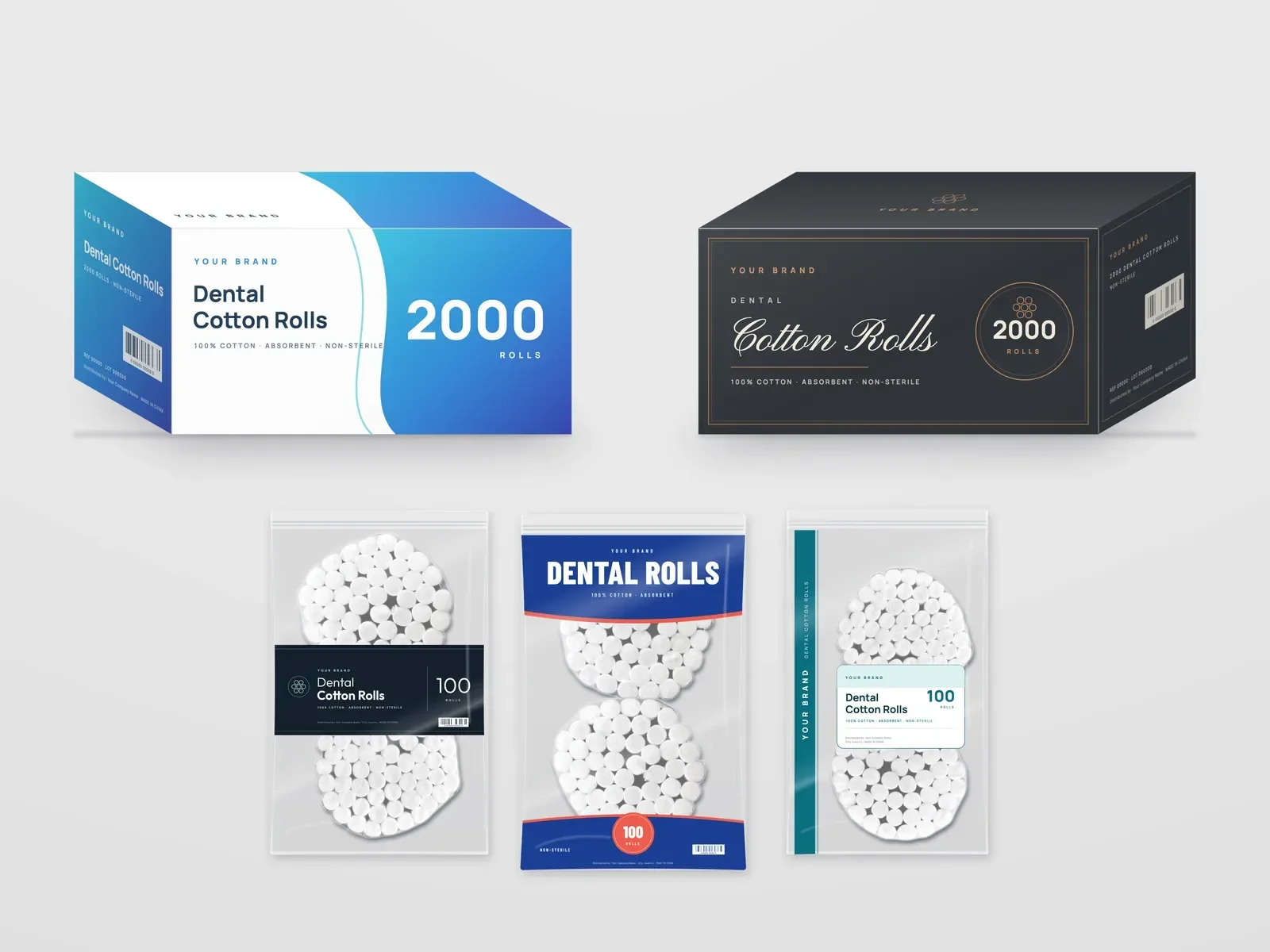 Private label dental cotton roll packaging designs marked YOUR BRAND: printed boxes and bags