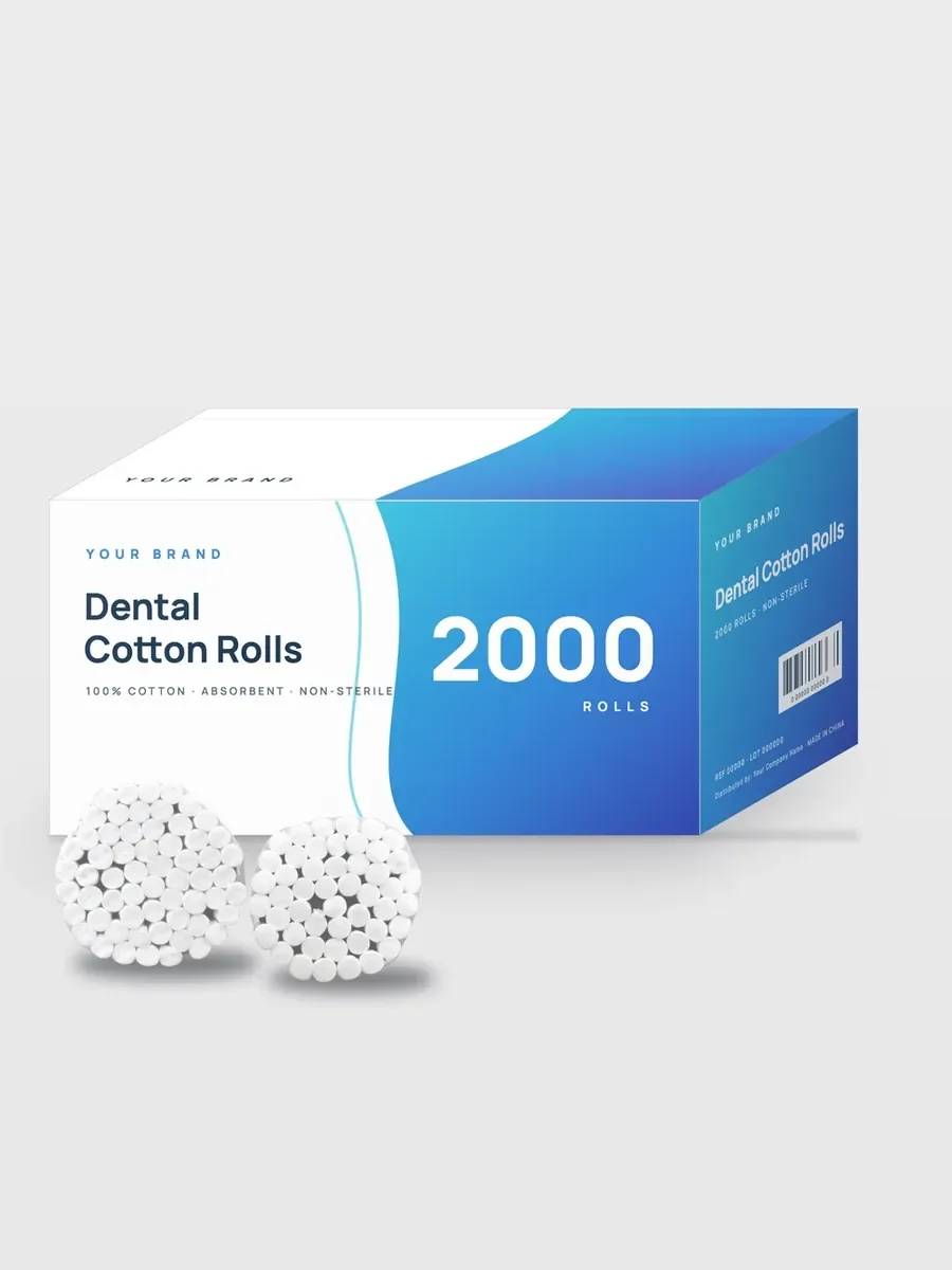 Printed box design for 2,000 dental cotton rolls with a YOUR BRAND placeholder