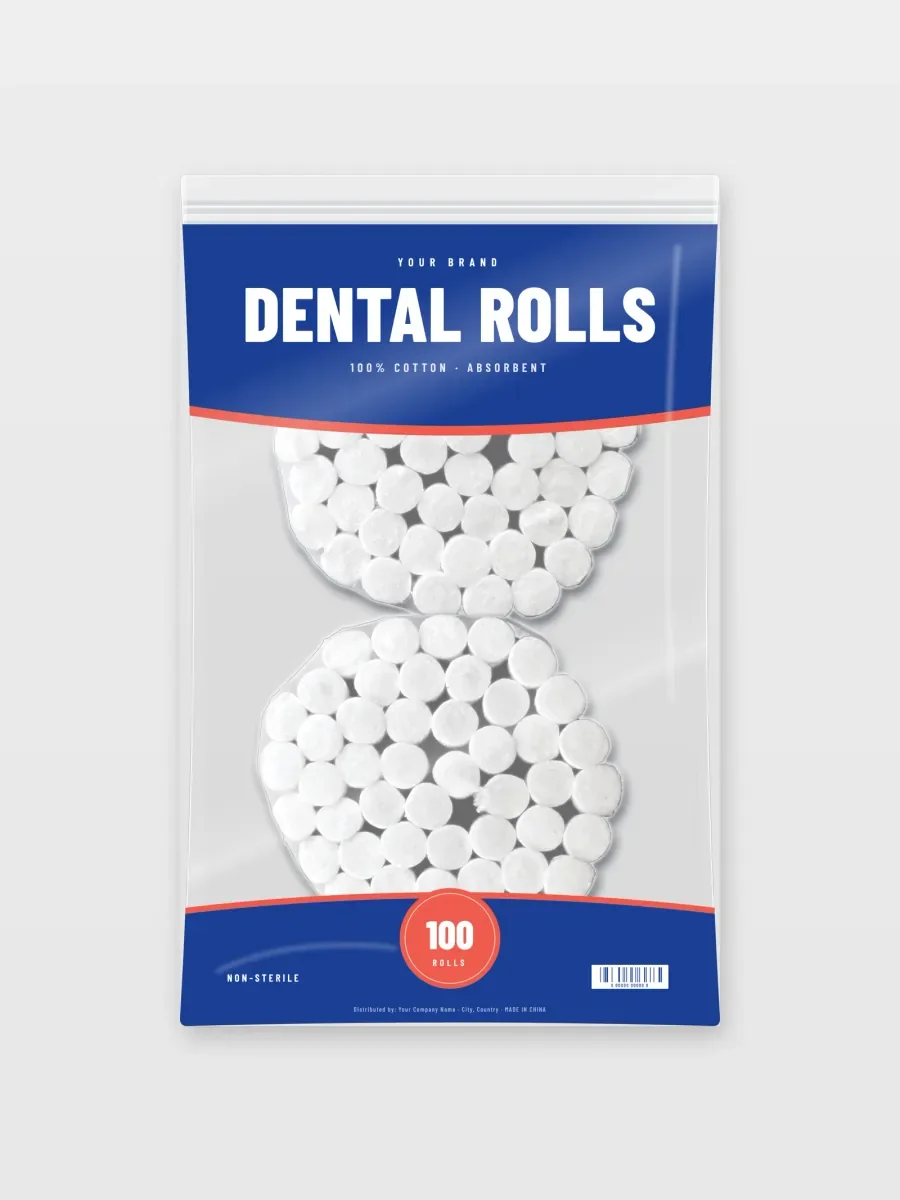 Printed dental cotton roll bag design with a YOUR BRAND placeholder