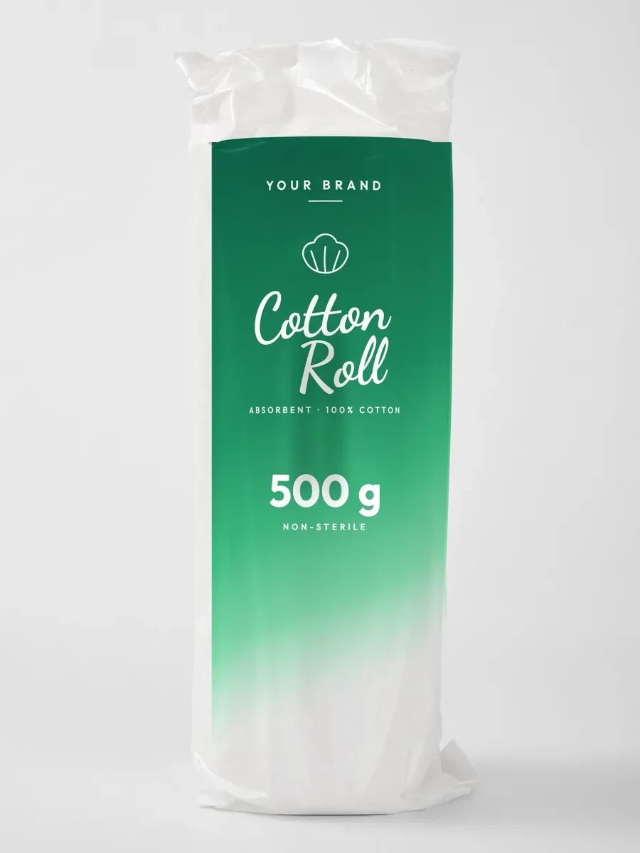 Printed bag design for a 500 g cotton roll with a YOUR BRAND placeholder