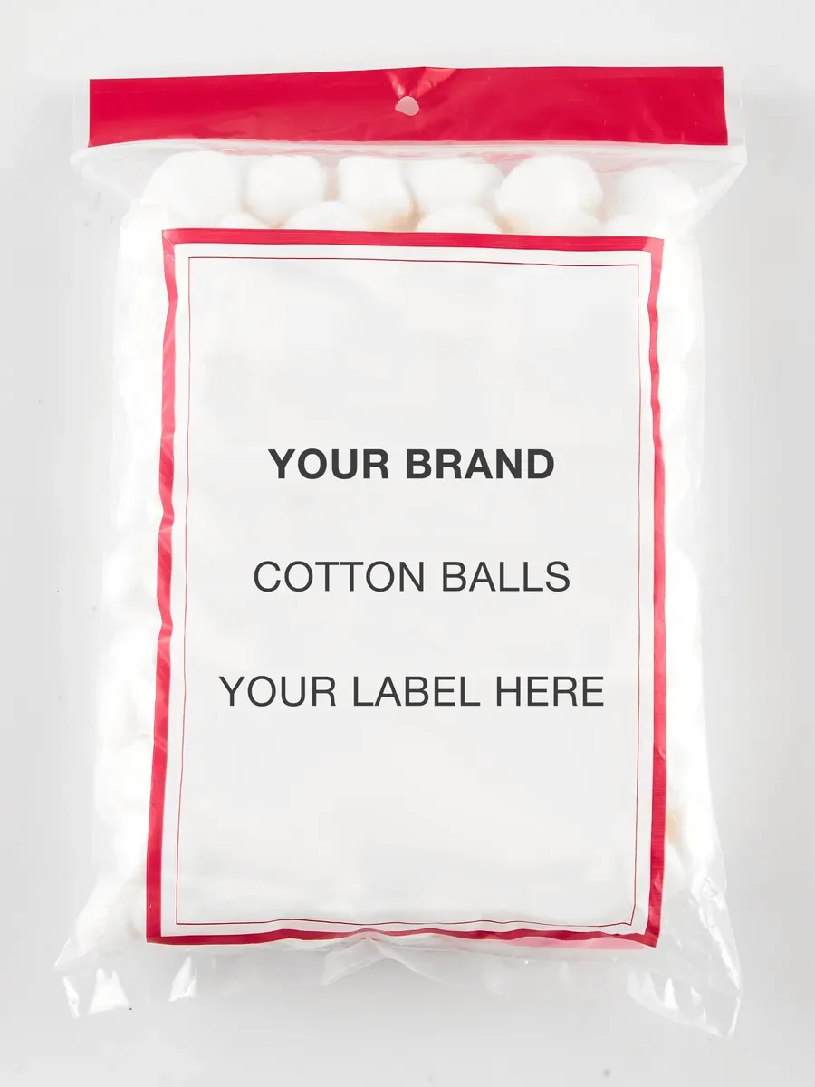 Cotton balls in a clear bag with a placeholder brand label