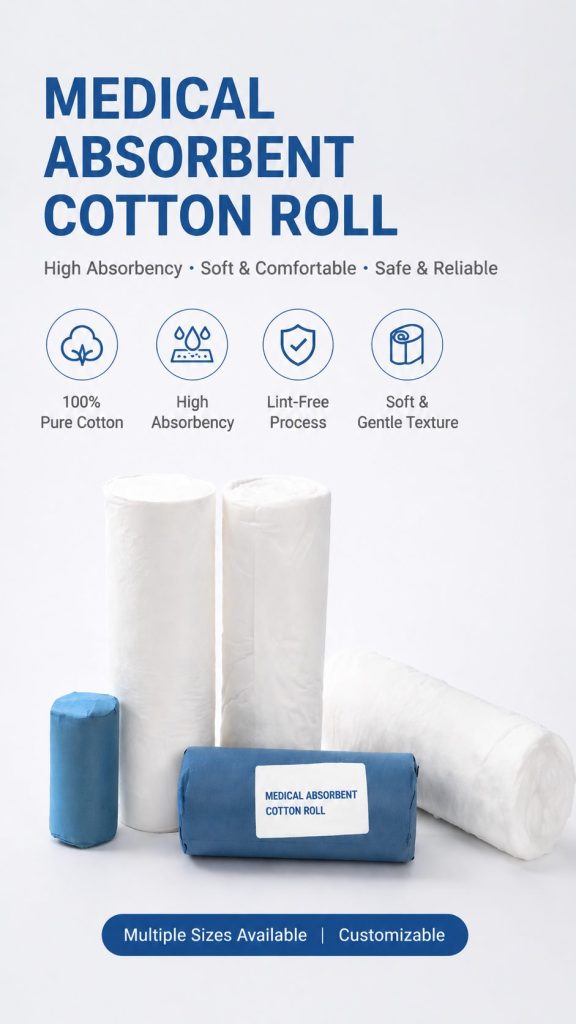 Medical absorbent cotton roll with OEM sizes and packing options